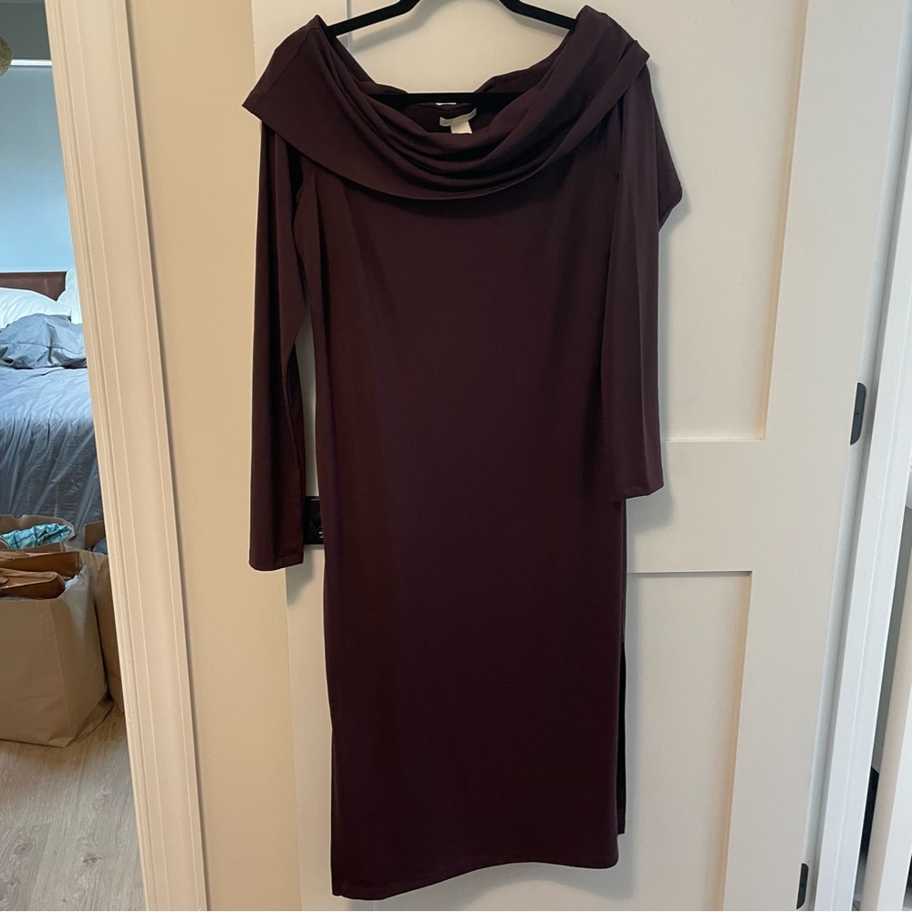 Cowl neck or off shoulder dress with side slit